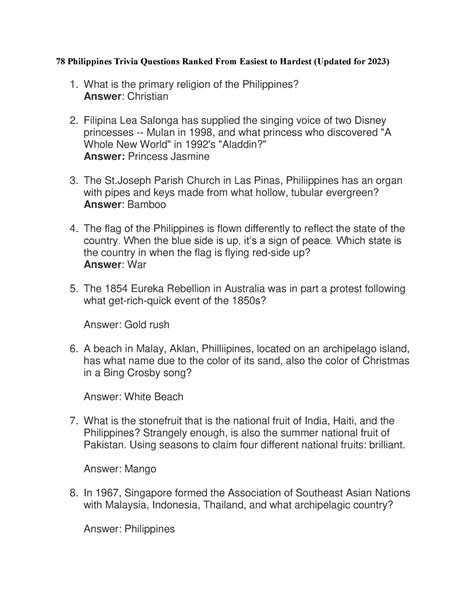 88 Philippines Trivia Questions (Ranked from Easiest to Hardest).